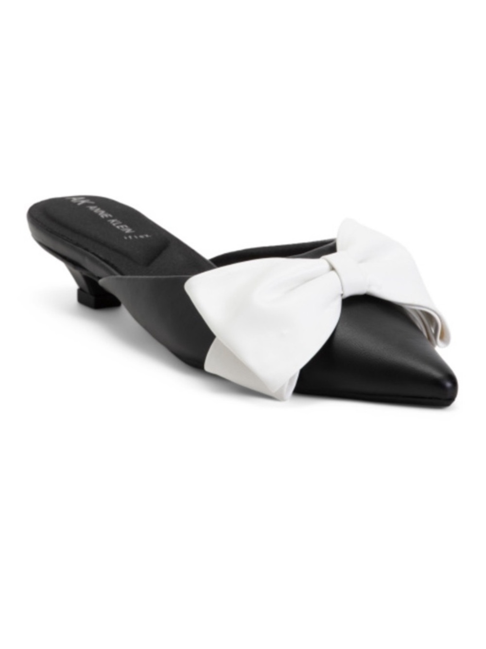 NEW Ann Klein Talah Kitten Heeled Pointed Toe Black/White Bow Mule Size 7.5